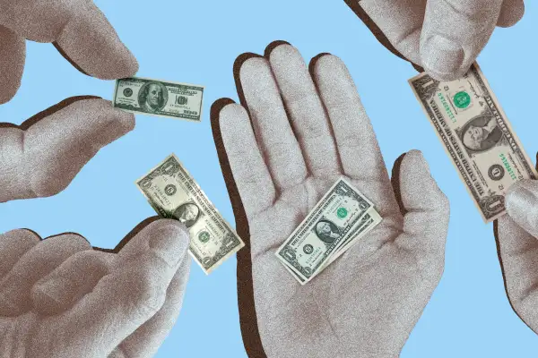 Photo-illustration of hands holding miniature dollar bills.