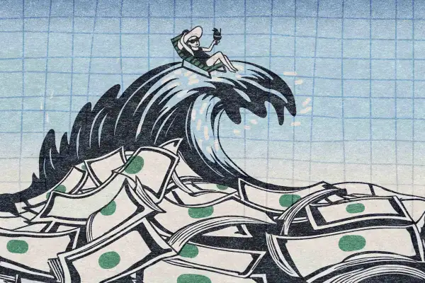A tidal wave made up of dollar bills while a retiree is surfing it comfortably and relaxed