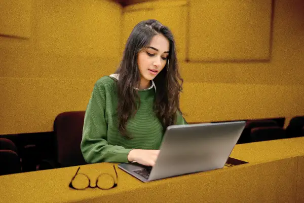 Student on a computer in a classroom