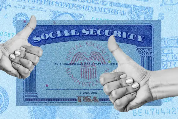Photo Collage of a social security card with two hands showing a thumbs up gesture