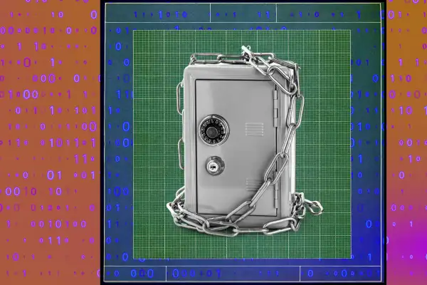 A steel safe with chains wrapped around it surrounded by small numbers in the background