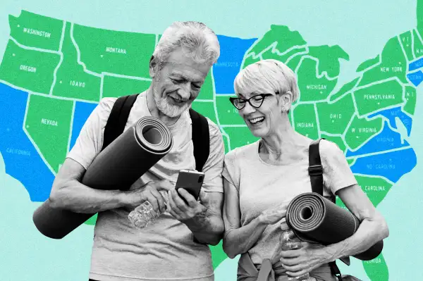 Photo collage of a healthy senior couple holding yoga mats, with a United States Map in the background