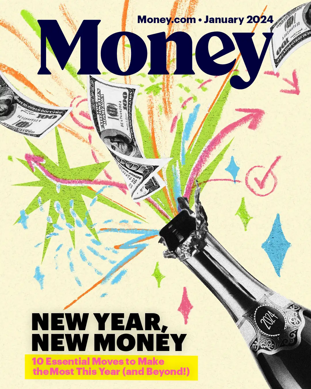 Money cover featuring an illustration of a bottle of champagne exploding into colorful hand drawn fireworks and strategic moves, alongside with dollar bills