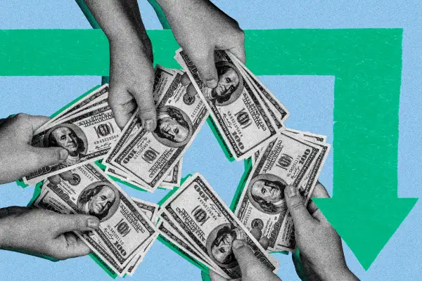 Photo-illustration of hands reaching out with money before the arrow turns down.