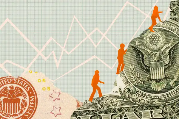 Photo-illustration of people climbing a mountain made of money, with a graph in the background.