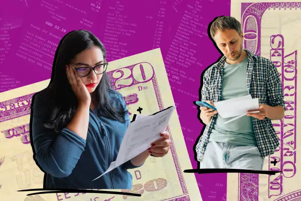 Photo collage of a worried woman looking at a bill and man using his phone , with dollar bills and receipts in the background