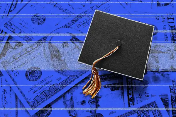 Photo illustration of money under a graduation cap