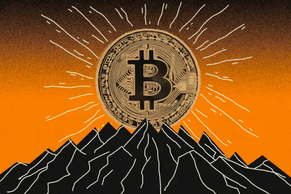 Illustration of a bitcoin on top of a mountain