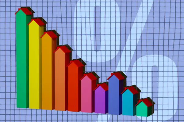 A graph made of houses with a percentage sign in the background.