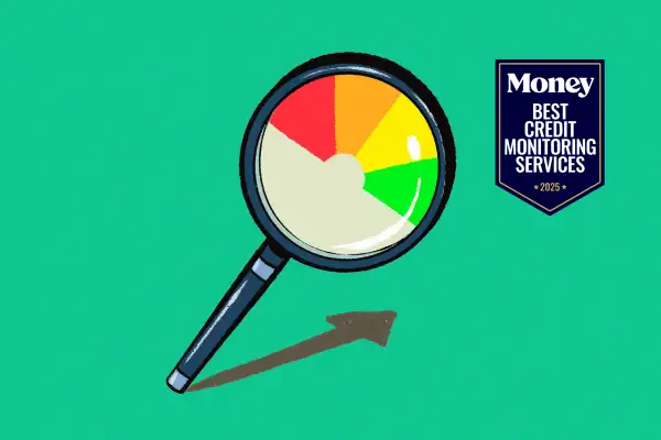 Illustration of a magnifying glass with a credit score on the glass