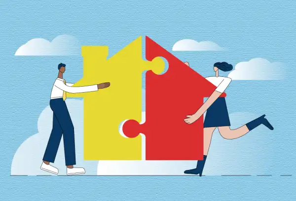 Illustration of a man and a woman building a house together with a jigsaw puzzle.