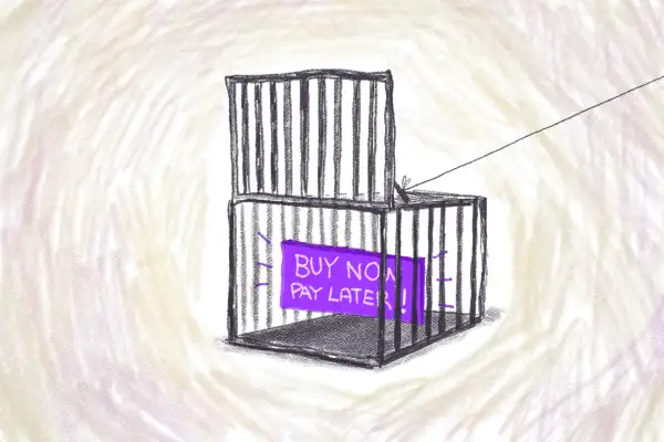 Illustration of a trap that features a BUY NOW PAY LATER button as bait