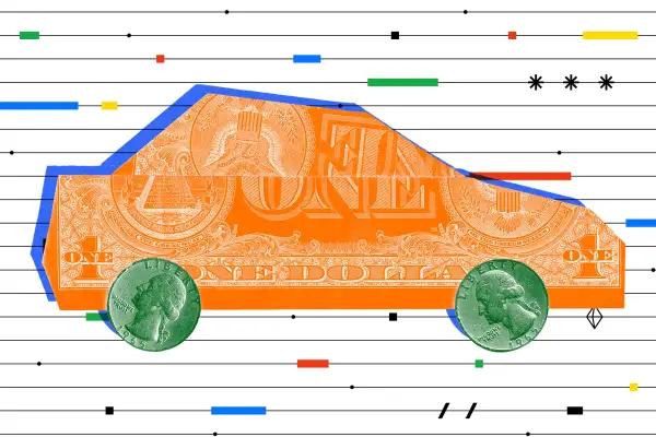 Photo-illustration of a car made of money on a graphic background.