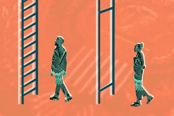 Photo-illustration of two ladders, one with missing rungs, and two people.