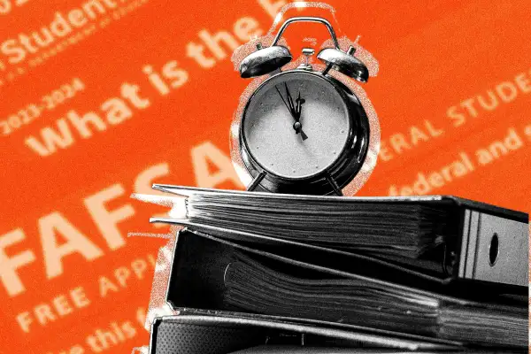 Photo-illustration of a stack of binders with an alarm clock on top. FAFSA paperwork in the background.