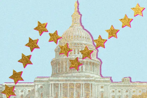 Photo-illustration of the capitol building with gold stars forming an increasing graph line.