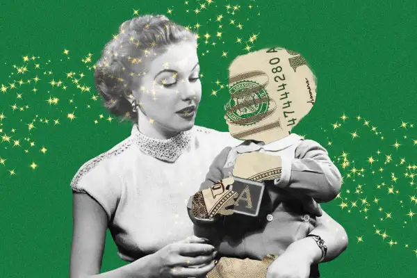 Photo-illustration of a beautiful woman holding her baby, who is made out of money.
