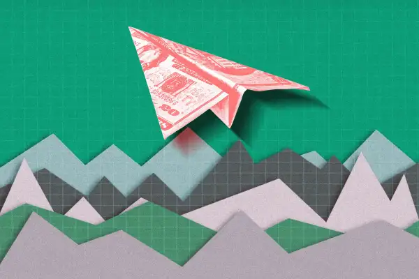 Landscape of graphs with a money paper airplane flying above.