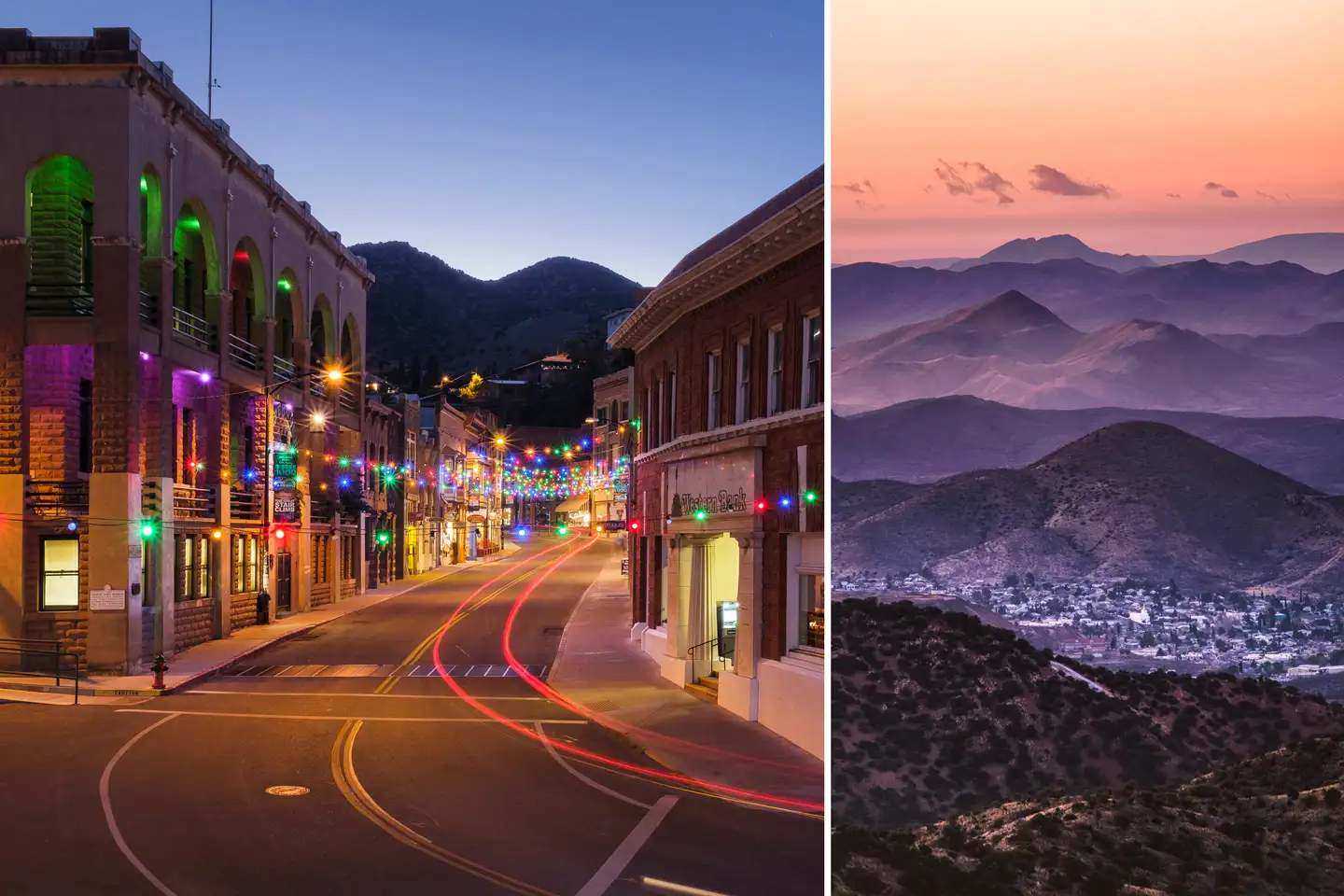 Main Street at Night and aerial view of Warren Neighborhood in Bisbee