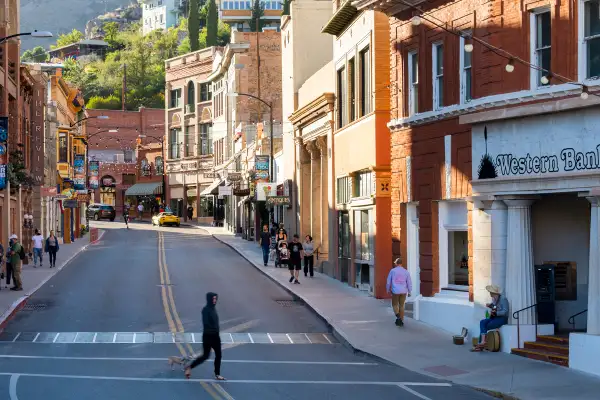 Photo of main street with people in Bisbee, Arizona