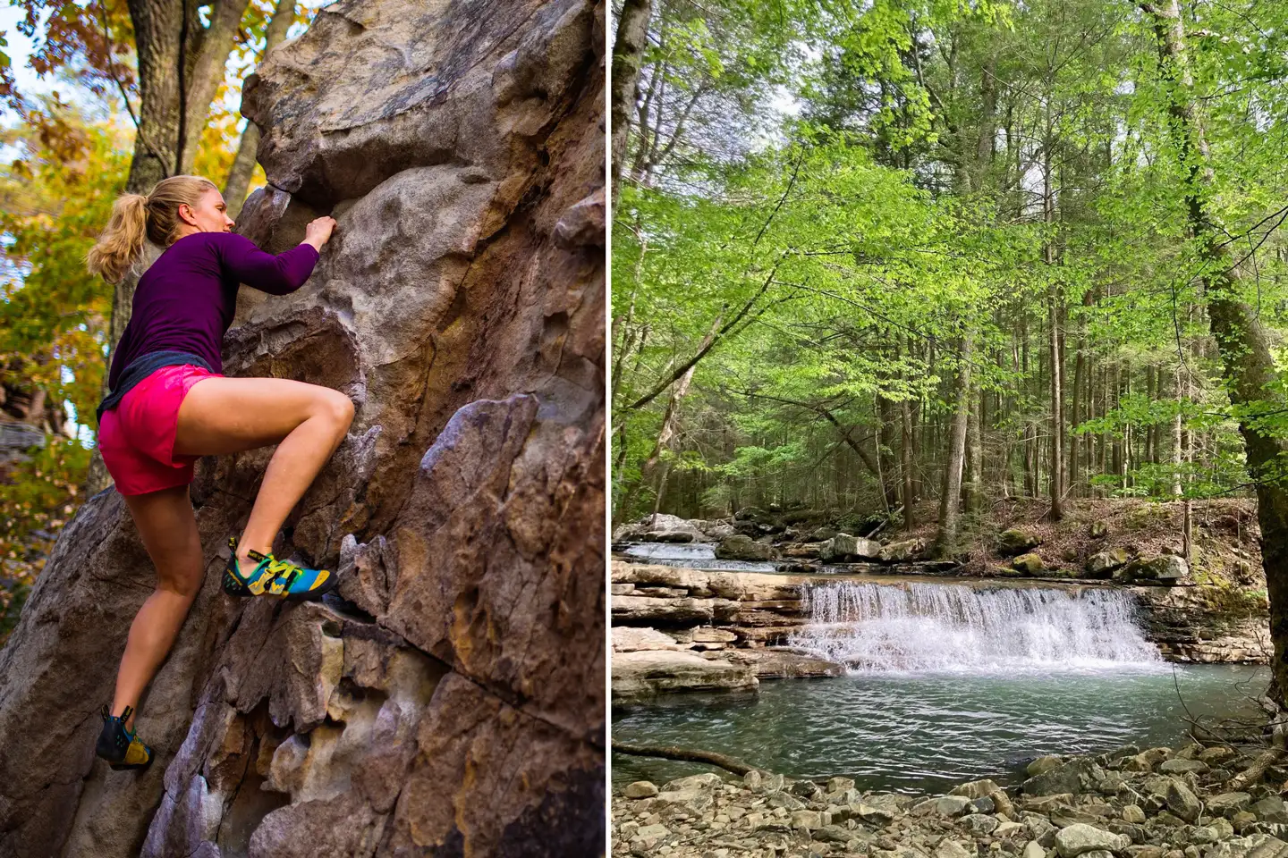 Woman bouldering outside and an image of a small waterfall in Chattanooga