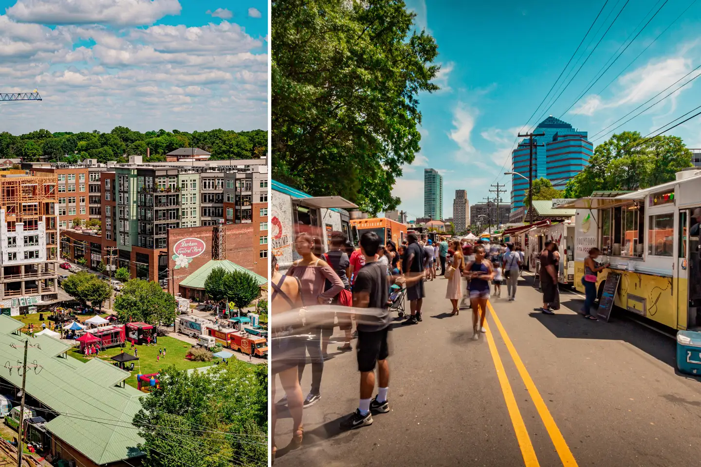 Left: Scenic photo of Durham; Right: Street fair