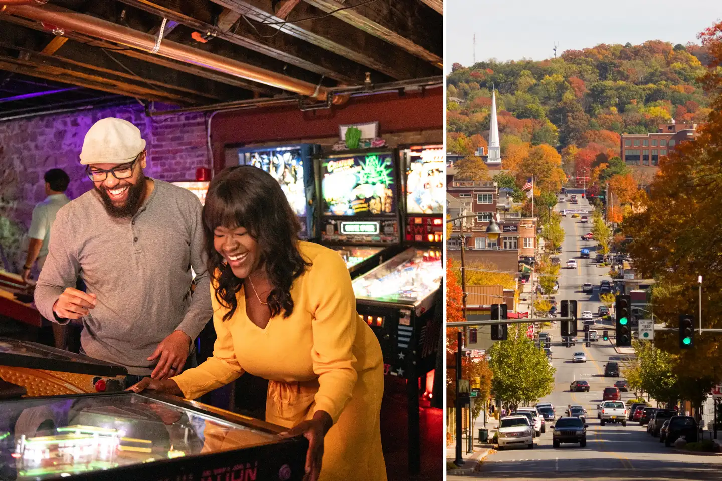 Left: Couple playing pinball; Right: Downtown Fayetteville