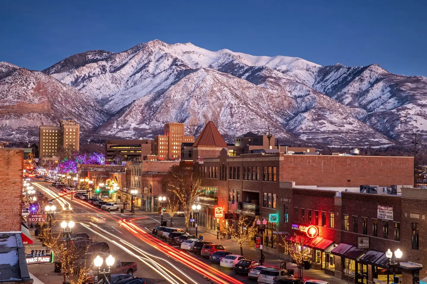 Downtown Ogden with scenic mountains in the background