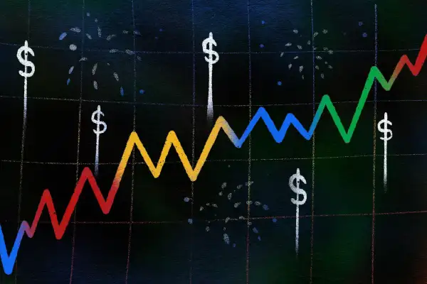 Illustration of a stock market graph reminiscent of Google's company colors amongst celebratory fireworks