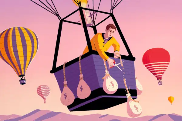 Illustration of a man on a hot air balloon cutting off a money bag attached to the side