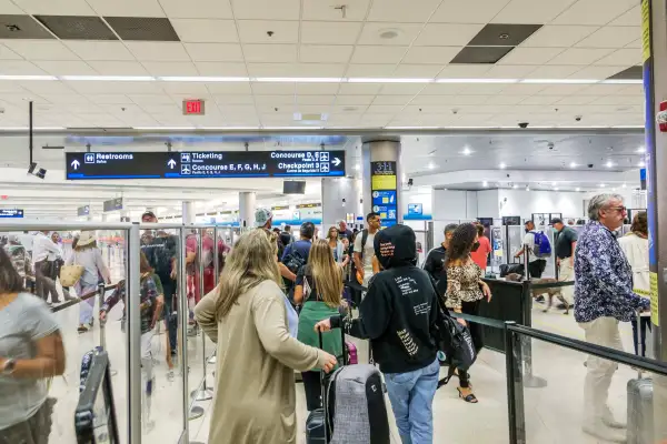 People at an airport waiting in line for TSA