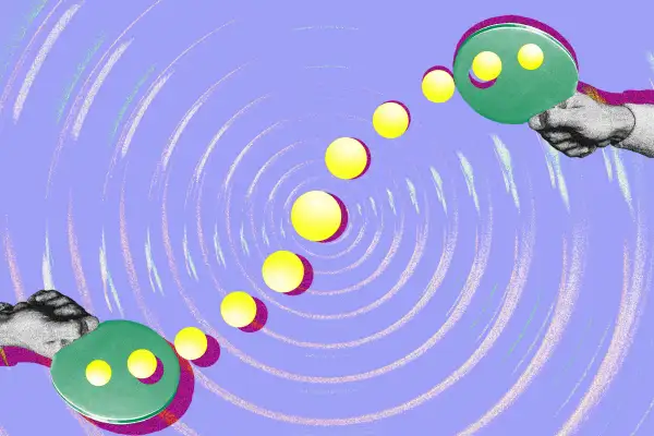 Photo-illustration of a ping pong paddles hitting a ball back and forth, with a ripple effect in the background.