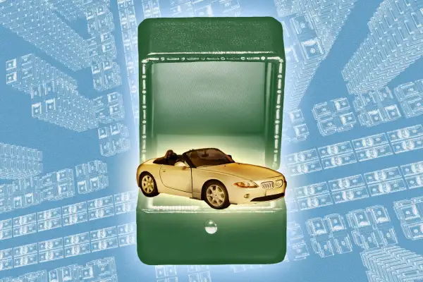 Photo-illustration of a glowing gold car in a jewelry box, with stacks of money in the background.