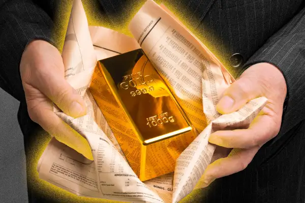 Business man holding a glowing gold bar.