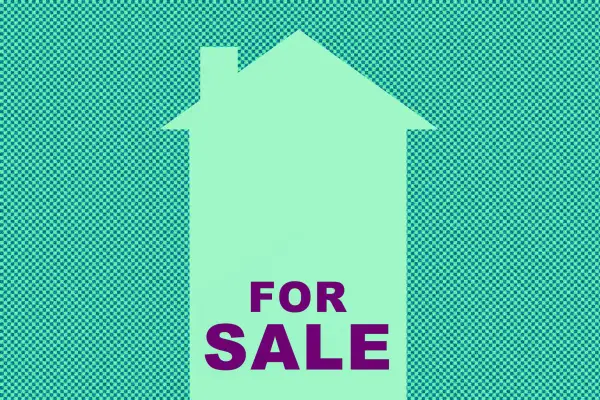 Illustration of a rising arrow in the shape of a house with the words  For Sale