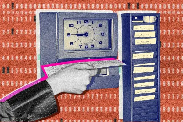 Photo-collage of a hand clocking in on a timecard