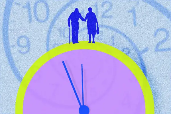 Elderly couple standing on a clock, with a spiral of time in the background.