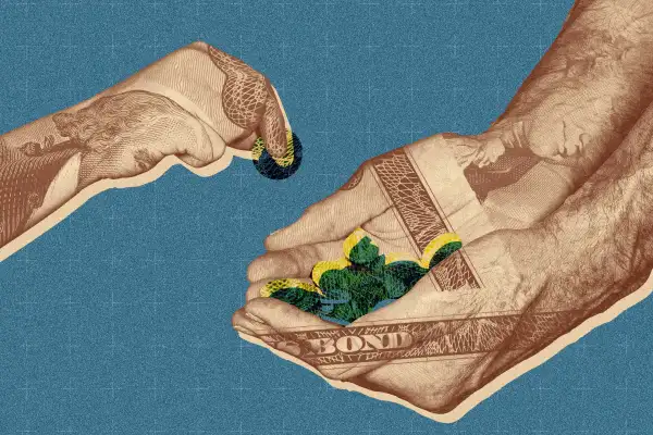 Photo-collage of hands made of savings bonds holding money.