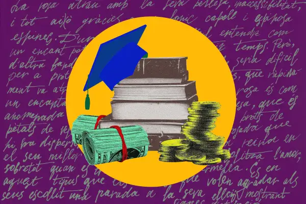 Photo Illustration of a stack of books with a graduation cap and money, on top of a piece of paper with a handwritten text