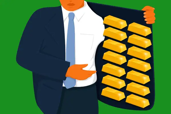 Illustration of a man holding open his suit jacket displaying multiple gold bars