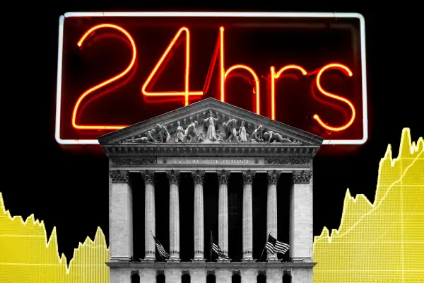 Photo collage of the New York Stock Exchange building with a neon  24 Hours  sign in the background and a stock chart