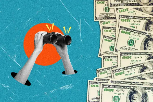 Photo Collage of a pair of hands holding binoculars pointed towards multiple hundred dollar bills on the side