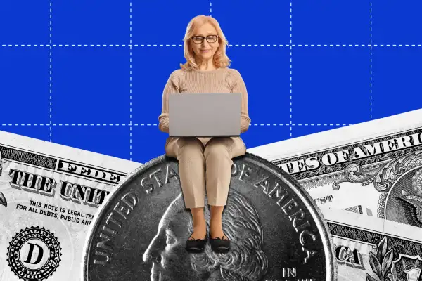 Photo collage of a woman using a laptop sitting on top of a giant quarter coin