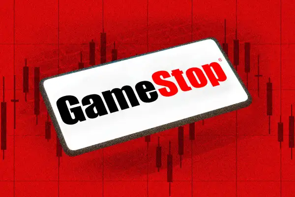 Photo Illustration of a smartphone with the Gamestop logo with a stock chart in the background