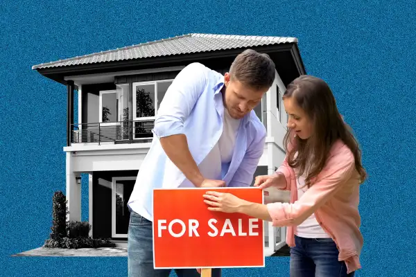 Photo collage Couple putting up a  For Sale  sign in-front of a house