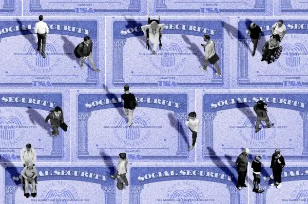 Photo collage of an overhead view of people walking over multiple social security cards