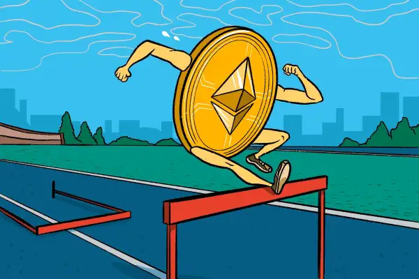 A cryptocurrency coin jumping a hurdle