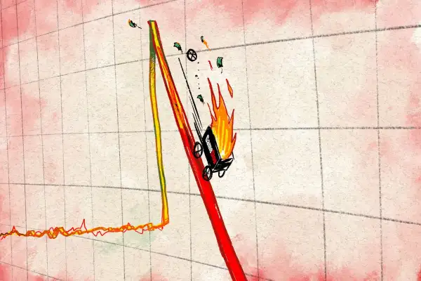 illustration of a bandwagon on fire rolling down a stock market graph