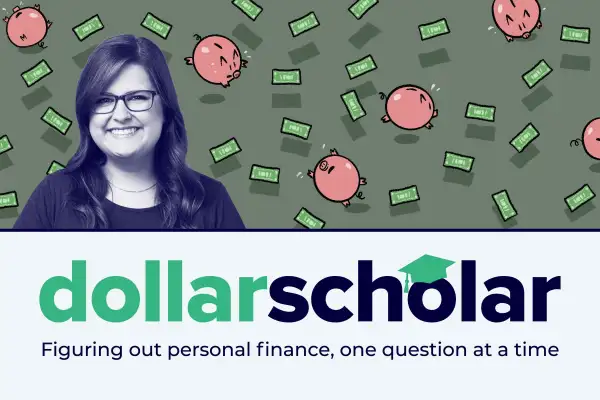 Dollar Scholar banner featuring many saving piggy banks trying to catch up to floating dollar bills that evaded them