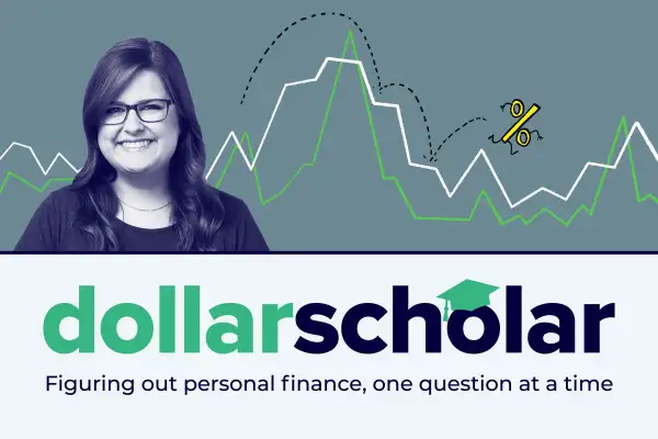 Dollar Scholar banner featuring a rate graph and a rate percentage running around the peaks